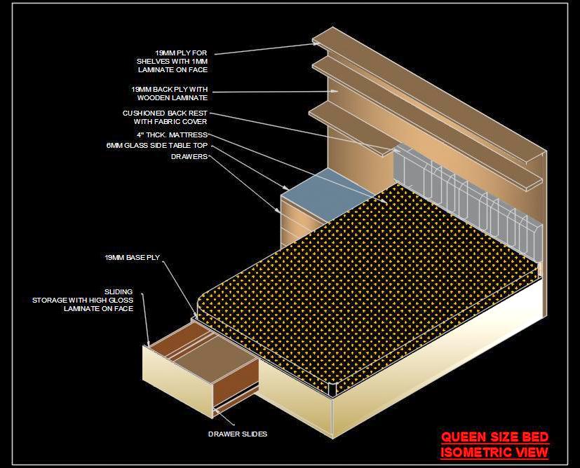 Queen Size Bed Isometric View Free CAD Download